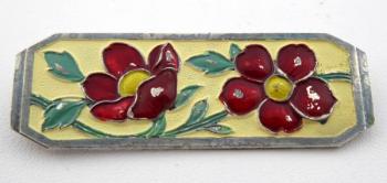 Silver brooch with red flowers and coloured enamel