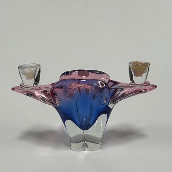 Candlestick - blue glass, pink glass - 1960
