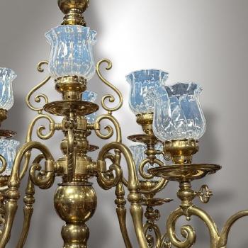 Eight Light Chandelier - brass, blue glass - 1900