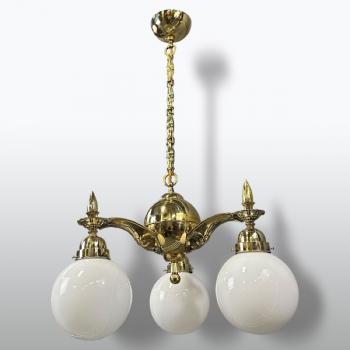 Three Light Chandelier - brass, opal glass - 1920