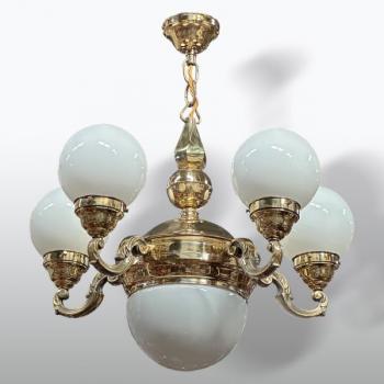 Five Light Chandelier - brass, opal glass - 1920