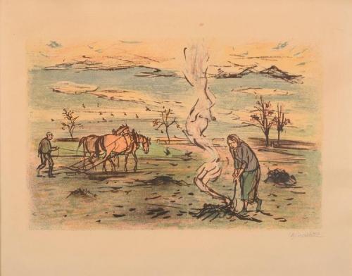 Man with horses and a woman at bonfire on a field