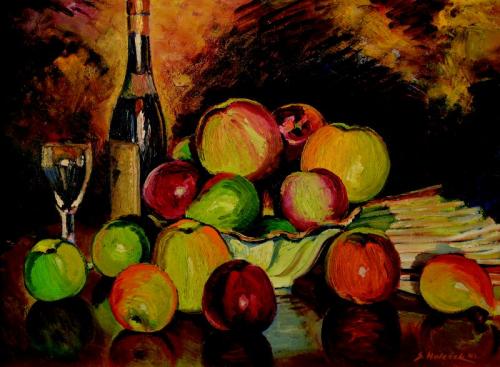 A still life with apples and a bottle of wine