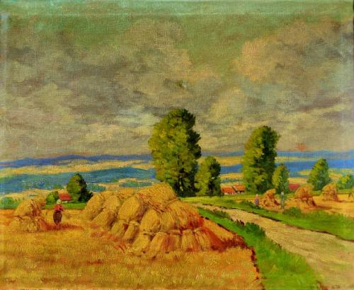 A landscape with sheaves by a village