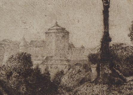 View of the castle, on the road with the lantern 