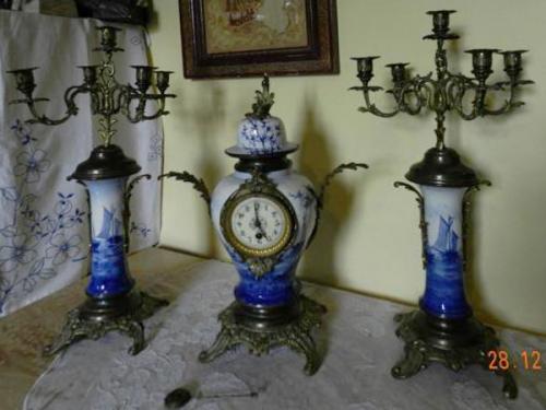 Clock with Pair of Matching Candelabra - bronze, white porcelain - 1850