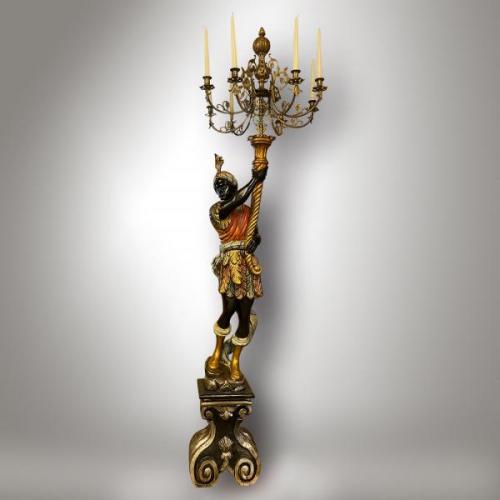 Venetian Moor as light holder, candelabra, polychrome wood, brass, Italy 1900
