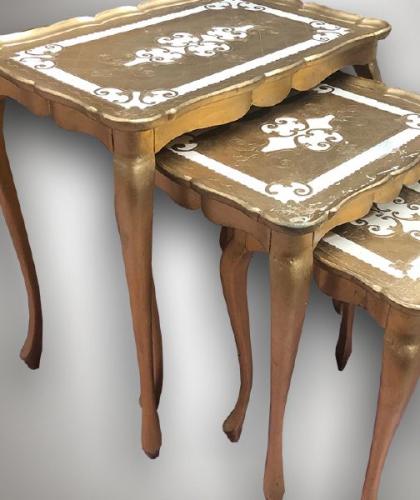 Nesting tables, solid wood, gilded, carved, 1980