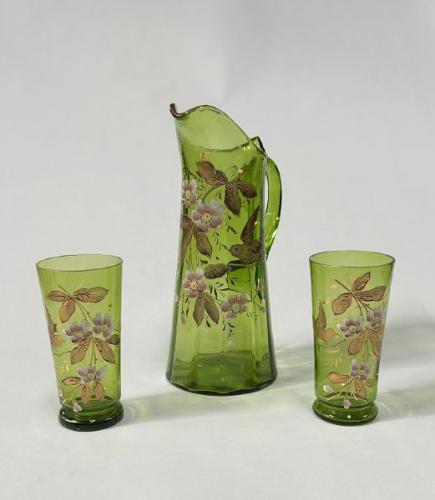 Glass Jug with Glasses - green glass - 1930