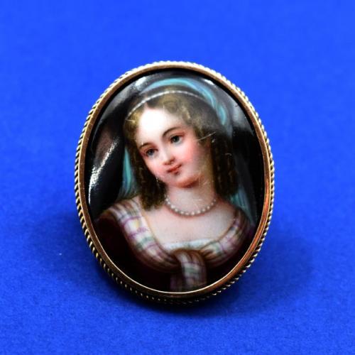 Gold Biedermeier brooch Miniature of a girl